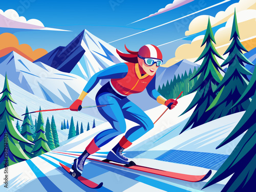 vector of Skiing on a ski slope is maneuvering on snow
