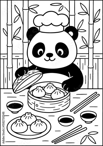 coloring page, This panda makes tasty dumplings in his traditional bamboo kitchen!