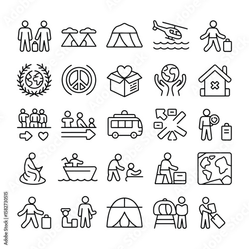 Collection of Black Line Icons Depicting Refugee Crisis Humanitarian Aid Migration Displacement Travel Transportation Shelter Peace Global Aid Symbols