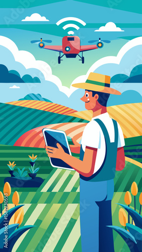 A man in a hat and overalls is looking at a laptop computer. He is standing in a field with a drone flying overhead. Concept of technology and innovation in agriculture