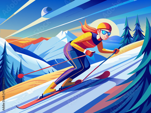 vector of Skiing on a ski slope is maneuvering on snow