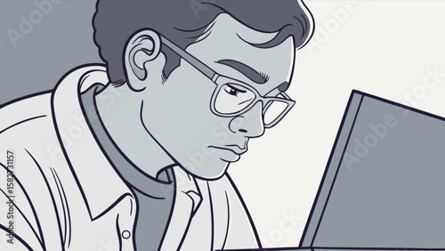 Illustration of man working on laptop computer with glasses for business and technology concept use case