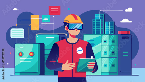 A man in a blue shirt and a hard hat is holding a clipboard and talking to someone. Concept of professionalism and expertise