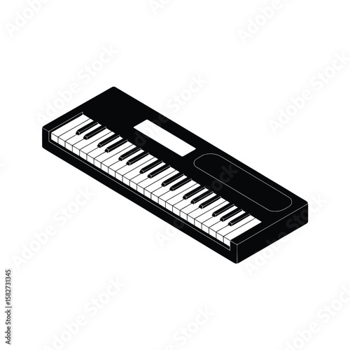 Modern black electronic keyboard with white keys viewed from an isometric perspective