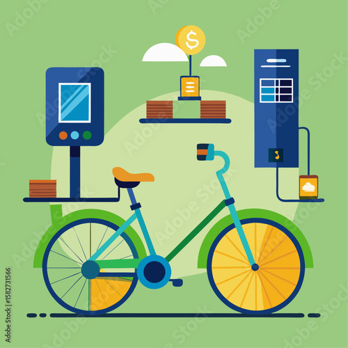 A bicycle is shown with a green frame and yellow wheels. The bike is parked next to a parking meter and a coin slot. There are also some coins on the ground. Concept of urban life