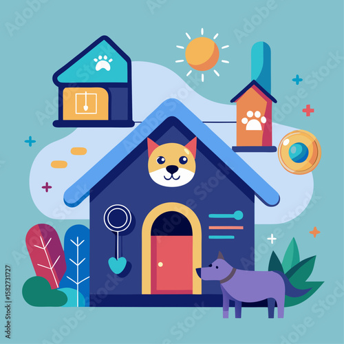 A cartoon drawing of a house with a cat on the front door. The house is surrounded by trees and a dog is standing in front of it