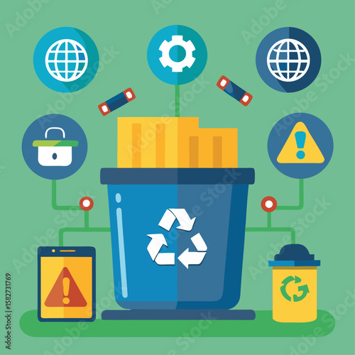 A green trash can with a recycle sign on it. The trash can is surrounded by various electronic devices such as a computer monitor, keyboard, and mouse. There are also several books