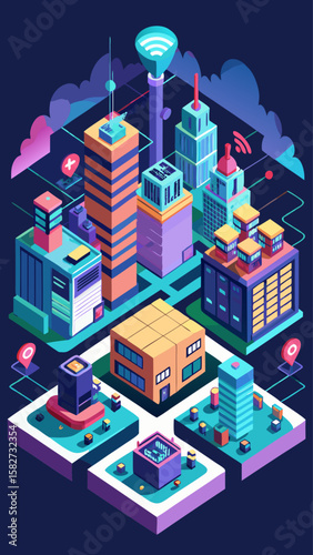 A cityscape with buildings and a cell phone. The buildings are tall and the sky is cloudy