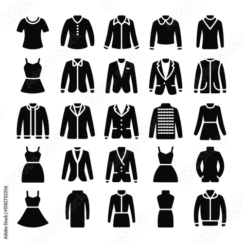 Collection of Black Silhouette Icons Depicting Various Styles of Womens and Mens Clothing Items Including Dresses Jackets Blazers Shirts and Sweaters
