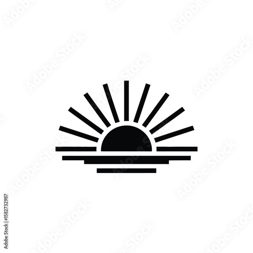 Stylized black and white sun rising over horizontal lines representing water
