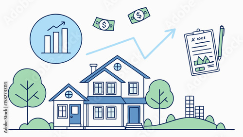 Real estate investment growth with property value increasing and financial success in the housing market