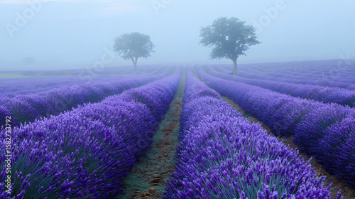 misty morning in a lavender field with rows of purple flowers stretching to the horizon under a pale blue sky in a soft fragrant and serene landscape