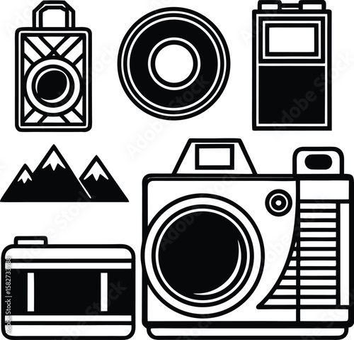 A vector illustration of vintage household appliances featuring a washing machine with a camera lens icon, surreal, concept, fusion, modern, unusual