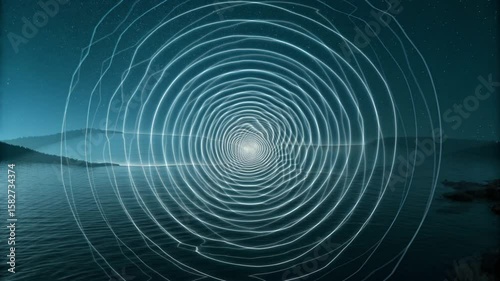 Mesmerizing Abstract Animation of Glowing Concentric Circles Over Tranquil Lake at Night Evoking Concepts of Energy Focus and Infinity Perfect for Science