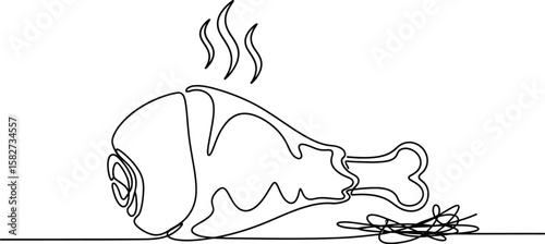 Continuous line drawing of a hot, steaming chicken leg on a surface.