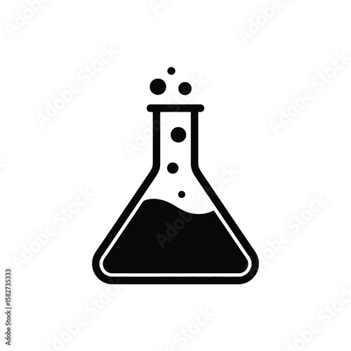 Black and white icon of a bubbling erlenmeyer flask with liquid inside