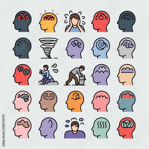 Collection of Diverse Colorful Line Art Icons Depicting Mental Health States and Processes Including Overwhelmed Minds Stress Anxiety and Cognitive Functioning Illustrated with