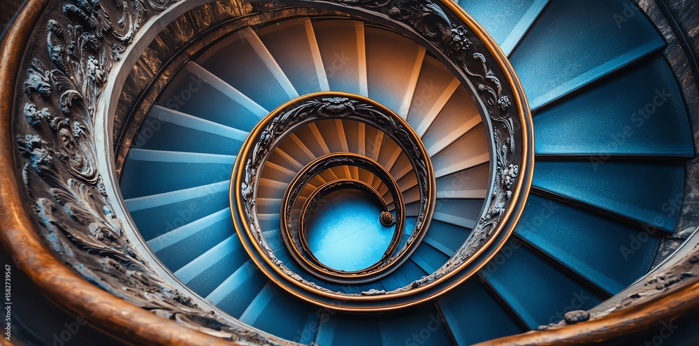 Fototapeta premium Spiral Staircase View From Above with Ornate Handrail and Blue Lighting Artistic Perspective