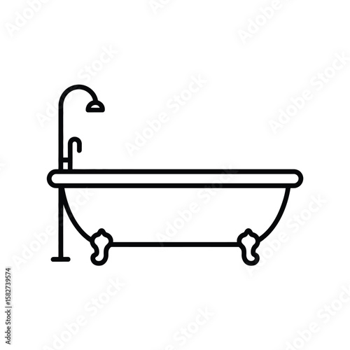 Simple outline illustration of a classic clawfoot bathtub with a shower head