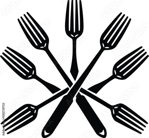 A set of isolated silver metal cutlery including forks, spoons, and knives on a white background for dining, tabletop, arrangement, crisp, pristine