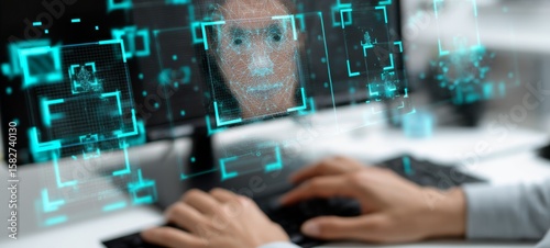AI Computer Vision Interface with Glowing Cyan Face Boxes, Object Detection Outlines, Image Tags, Grid Scan Effects, and Soft Blurred Background of Typing Hands on Clean White and Neon Interface

