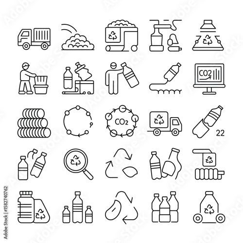 Collection of Linear Black and White Recycling Icons Depicting Waste Collection Transportation Processing and C O2 Reduction Circular Economy Symbols
