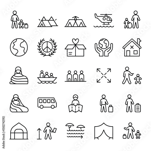 Collection of Refugee and Migration Related Line Icons Depicting People Families Travel Transportation Shelter Aid and Global Issues