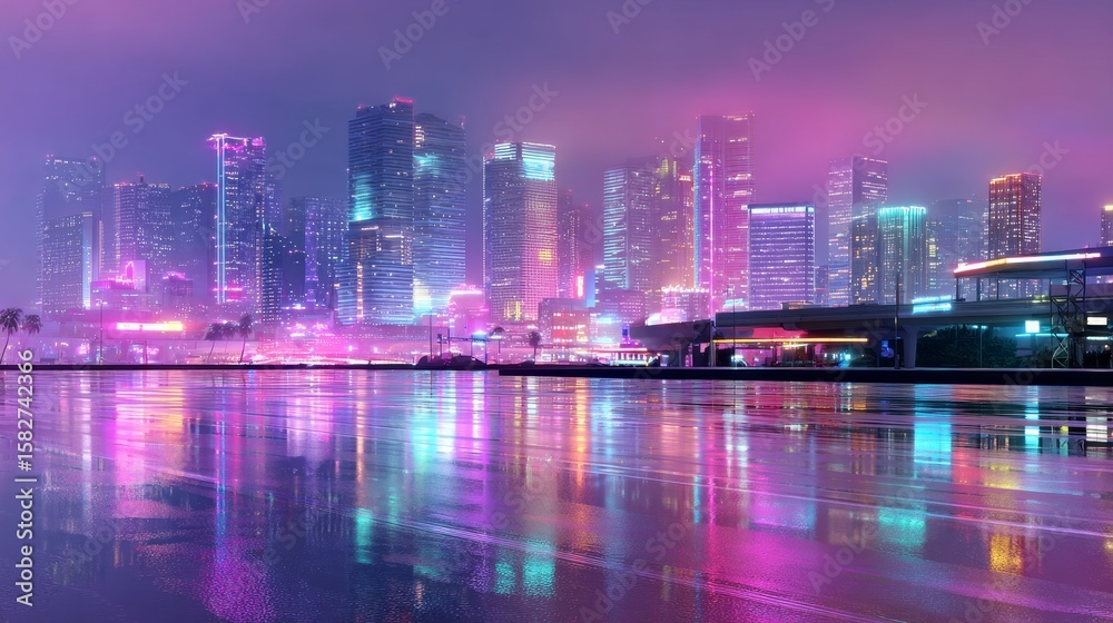 Fototapeta premium Vibrant neon cityscape at night with reflections and skyscrapers under misty sky