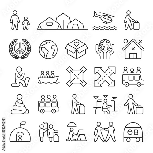 Collection of Refugee Crisis Related Line Icons Depicting Displacement Migration Humanitarian Aid and Relocation Processes Including People Tents Boats Buses Helicopters and