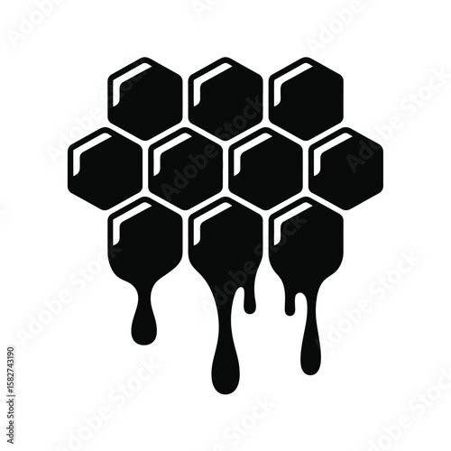 Black and white illustration of dripping honeycomb with sweet honey flowing down