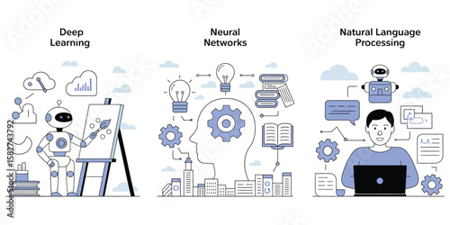 AI and Deep Learning Concept – Vector Illustration Featuring Robot Presenting Data, Human Neural Network, and Natural Language Processing for Machine Learning, Automation, and Data Science

