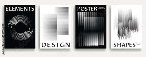 Modern posters with speed lines. Vector design composition with various geometric shapes . Abstract contemporary art . Vector art ideal for media, ads, covers, brochures, banners. Black and white. 