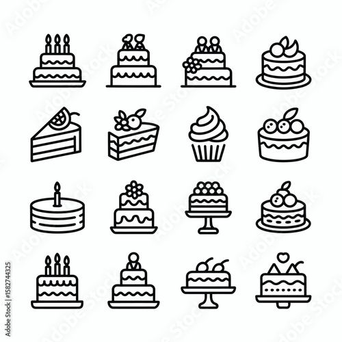 Collection of Sixteen Black and White Line Art Cake and Cupcake Icons Birthday Cakes Wedding Cakes Slice of Cake Cupcake and More