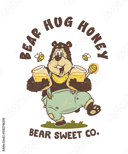 Illustration of a cartoon character of a bear happily holding honey in a retro style, suitable for product branding, stickers, posters, etc.