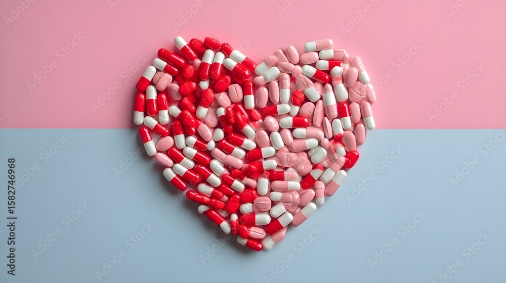Heart made from medicine capsules on pastel background – generative AI Heart made from medicine capsules on pastel background – generative AI