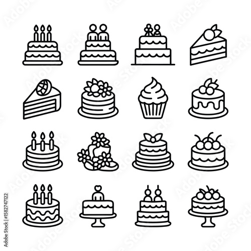 Collection of sixteen black and white line art cake icons depicting various cake designs including birthday cakes wedding cakes cupcakes and layered cakes with candles flowers