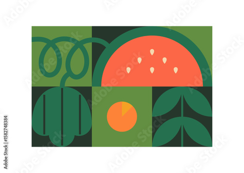 Modern collage with abstract pattern of plants. Stylized fruit, flowers, and watermelon with geometric shapes. Contemporary art of nature and organic food in cubism style. Flat vector illustration