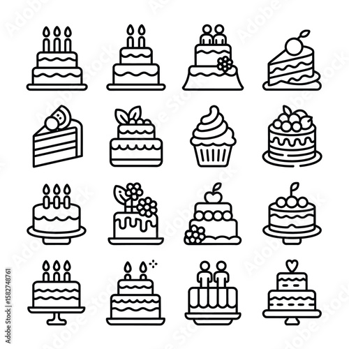 Collection of Sixteen Black and White Line Art Cake Icons Featuring Various Cake Designs Including Birthday Cakes Wedding Cakes Cupcakes and Piece of Cakes