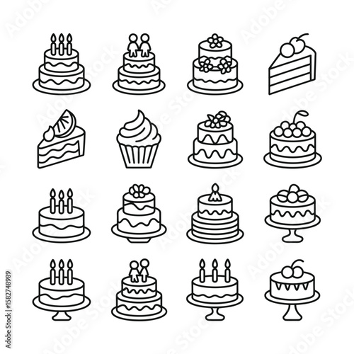 Collection of sixteen black and white line art cake icons including birthday cakes cupcakes and cake slices various toppings and decorations