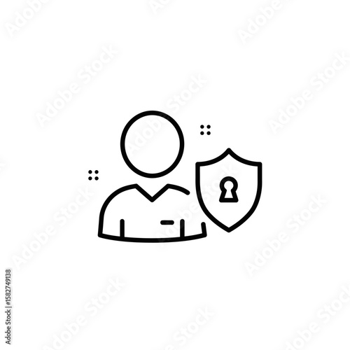 Minimalist line art depicting a person icon protected by a shield with a keyhole.