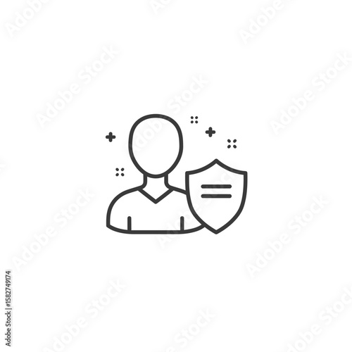 Simple line art icon of a person protected by a shield.