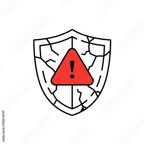 A cracked shield with a warning symbol, signifying vulnerability and potential risk.