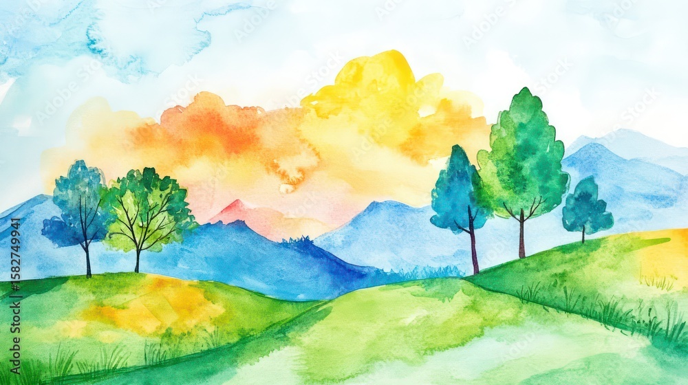 Fototapeta premium Fun watercolor drawing for kids, featuring colorful landscapes and playful themes, simple techniques