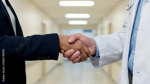 A doctor in a white coat shakes hands with a person in a dark suit in a hospital hallway