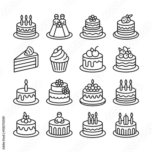 Collection of sixteen black and white line art cake icons including birthday cakes cupcakes wedding cake slice and more