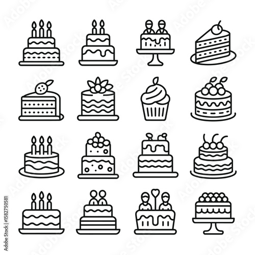 Collection of sixteen black and white line art cake icons various styles birthday cakes cupcake layered cakes and more