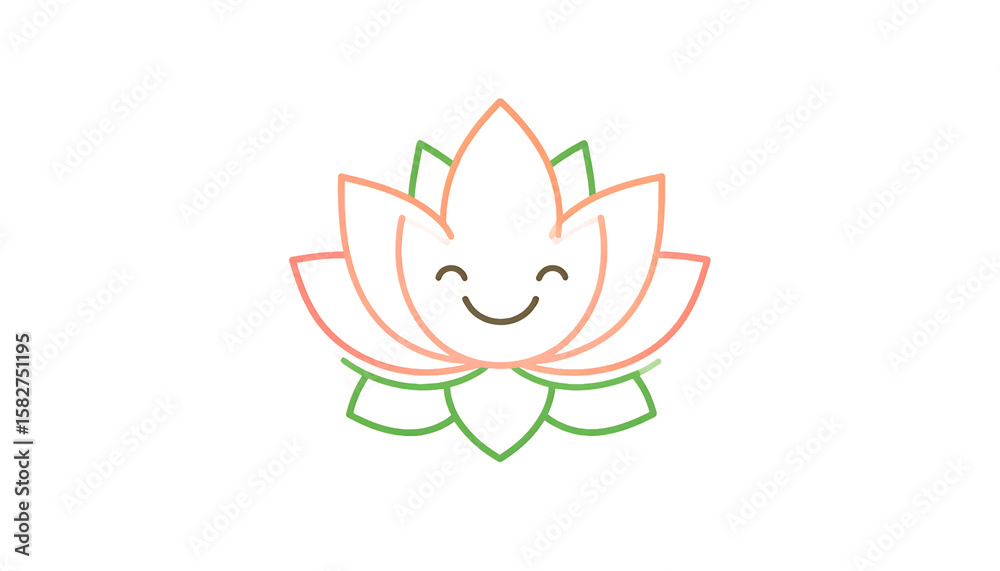 Fototapeta premium A stylized, smiling lotus flower illustration with pink petals and green leaves on a white background.