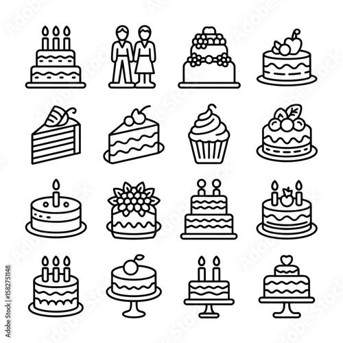 Collection of sixteen black line art cake icons including birthday cakes layered cakes cupcakes cake slices wedding cake and couple figurine