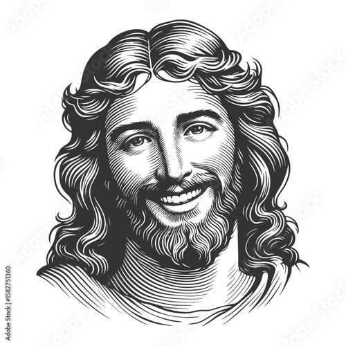 Jesus Christ smiling, surrounded by radiant circular halo lines sketch engraving generative ai fictional character vector illustration. Scratch board imitation. Black and white image.