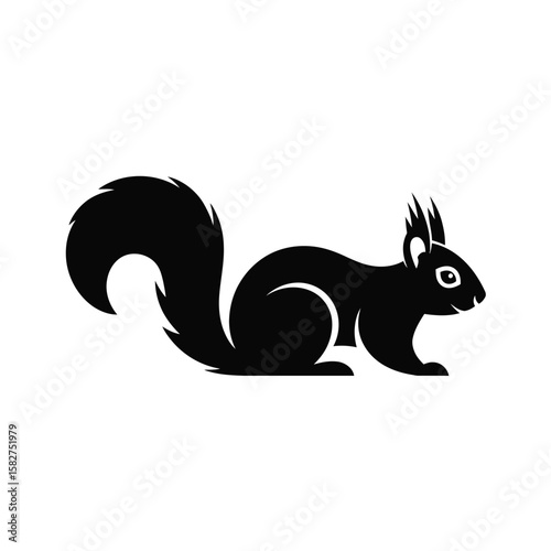 Stylized black silhouette of a squirrel with a bushy tail on a white background
